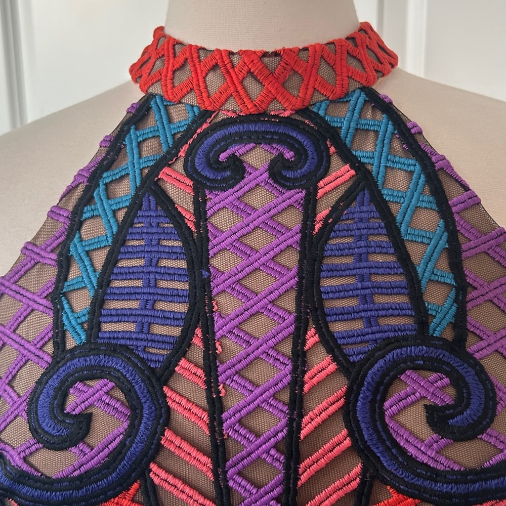 JOVANI sz 8 Vibrant Lace Geometric Overlay Illusion Mini Halter neck Dress - Picture 3 of 7